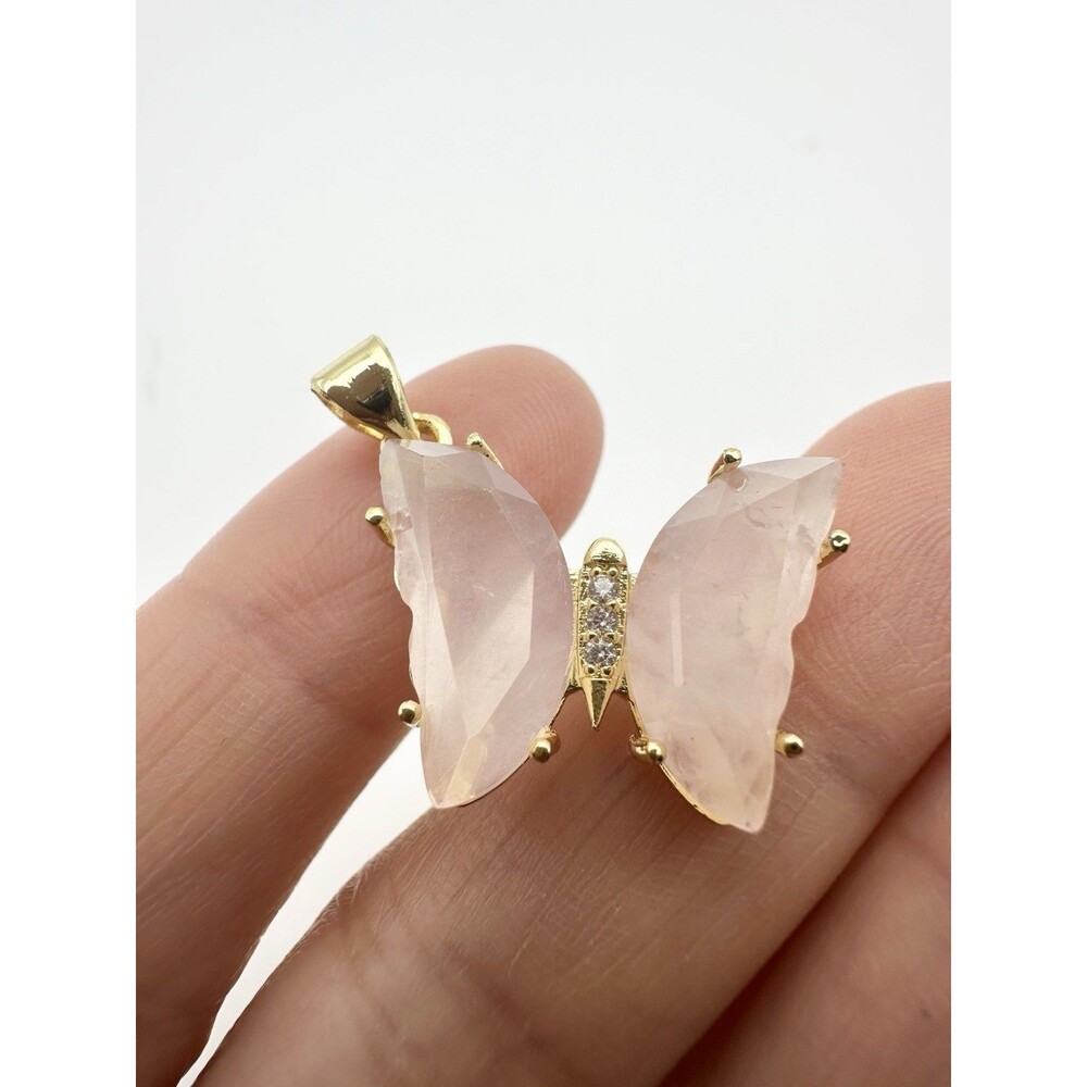 Natural Rose Quartz Butterfly Pendant Gold Tone